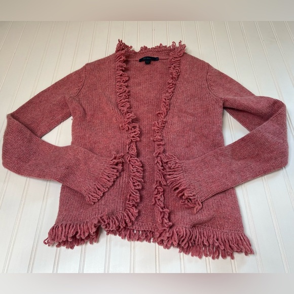 Boden Cardigan Sweater Womens Small Pink Wool Open Front Fringe. 288 - Picture 1 of 3